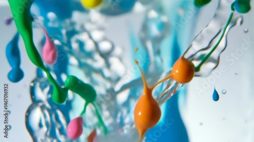 Colorful liquid paint splashes creating abstract patterns in water.