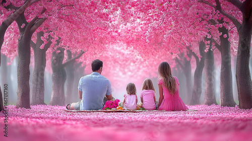 Family Picnic Under Pink Cherry Blossom Trees