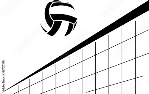 Black silhouette of Image of volleyball flying over volleyball net. Vector illustration with transparent background	