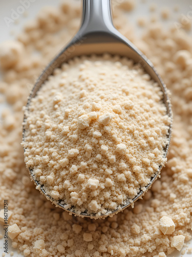 A scoop of fine, light beige powder, a close-up view of the texture and delicate graininess of the powder, with soft, warm lighting highlighting the subtle details