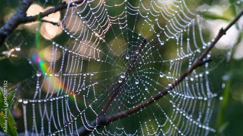 Dewcovered spiderweb on tree branch glistening in morning light in forest.