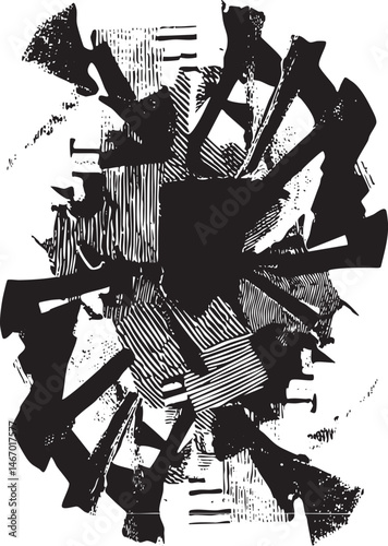 Abstract geometric shapes overlap and intersect in a dynamic composition.