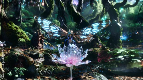 Enchanted forest scene with glowing butterfly resting on illuminated crystal in mystical setting