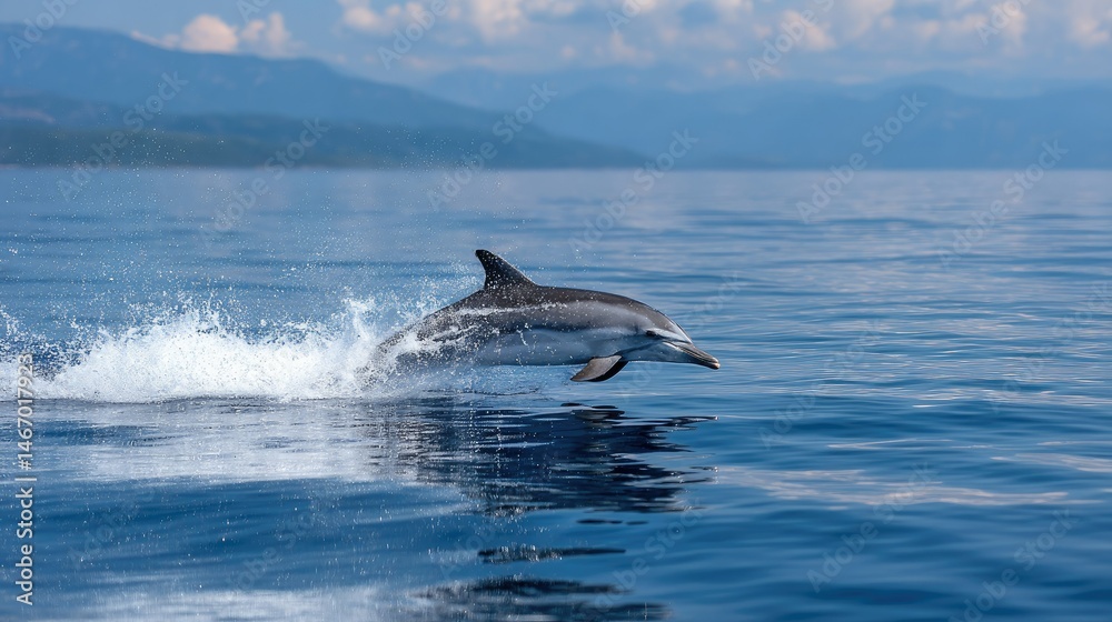 Fototapeta premium A joyful striped dolphin breaching the water with a splash, against a serene blue sea backdrop