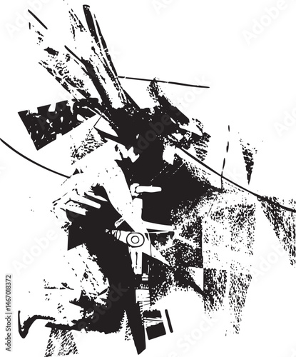 A lone figure stands before a fragmented geometric structure against a stark white background.