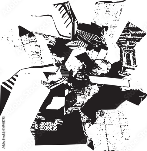 A solitary figure stands amidst a fragmented geometric structure.