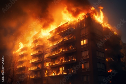 Apartment building engulfed in intense flames night fire disaster tragic scene emergency response