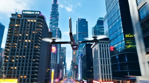 Futuristic drone zooming between skyscrapers in a vibrant cityscape at dusk