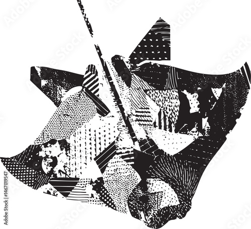 A stylized black and white depicts a geometric abstract shape with intricate .