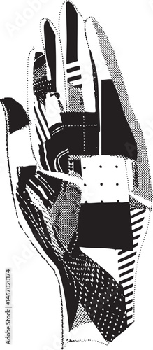 A stylized black and white hand showcases intricate geometric and layered textures.