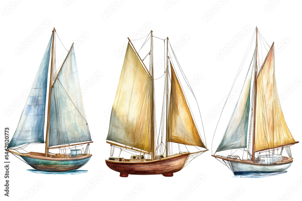 Obraz premium Beautiful sailboat set with varied sails and shapes in transparent png isolated on white background
