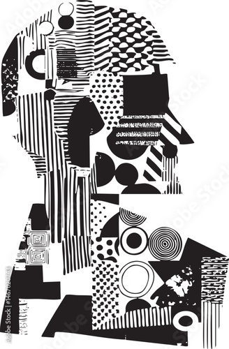 A monochrome abstract portrait is constructed from geometric shapes and .