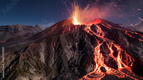 Majestic volcano eruption with flowing lava and ash at night