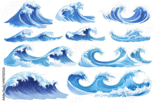 Set of sea waves in transparent png format isolated clearly on a simple white background for design