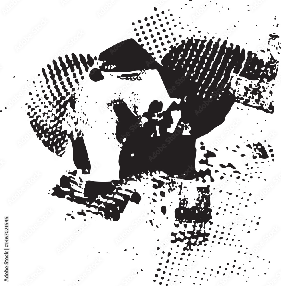 A dark abstract figure leaps forward with outstretched arms.
