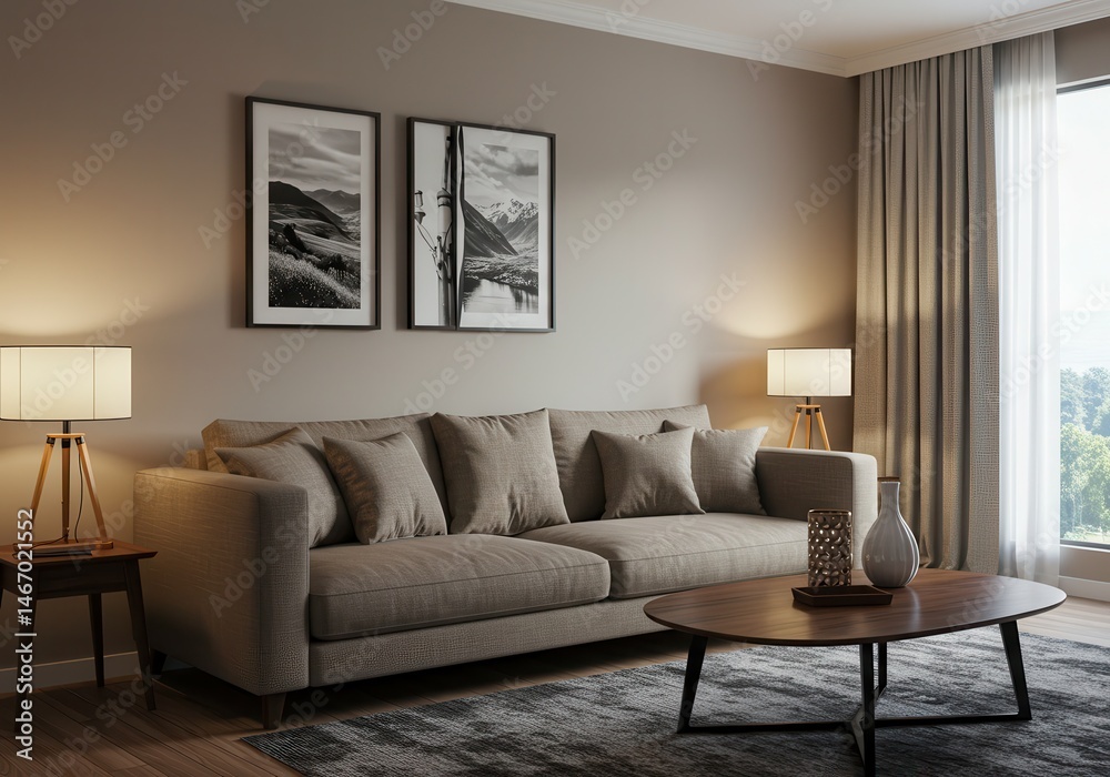 Fototapeta premium A living room with a sofa, coffee table, lamps, and artwork in a neutral color palette scheme decor