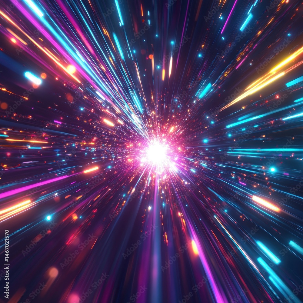 Fototapeta premium Vibrant light streaks converge at a bright core within a dark, cosmic space, creating a dynamic, energetic composition