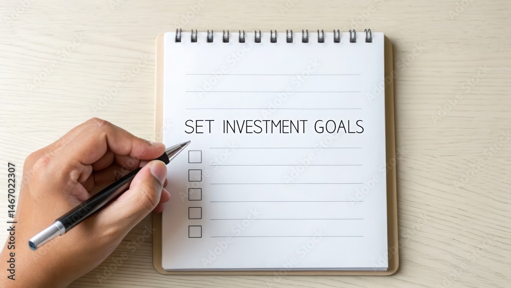 goal setting investment cocept A hand writing investment goals on a notebook with checkboxes. goal setting investment cocept A hand writing investment goals on a notebook with checkboxes.