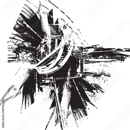 A weathered windmill stands against a distant landscape.