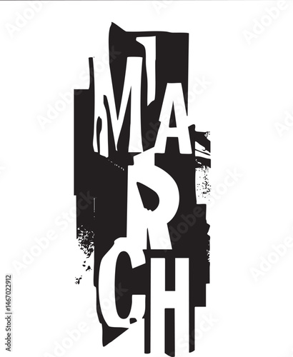 Bold fragmented letters form the word ‘March’ in a dynamic composition.
