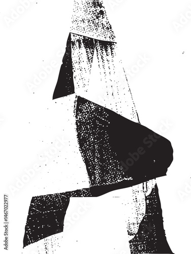 A fragmented abstract shape dominates the with sharp angles and textured lines.