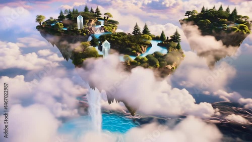 Surreal floating islands with waterfalls and trees above clouds in fantasy landscape
