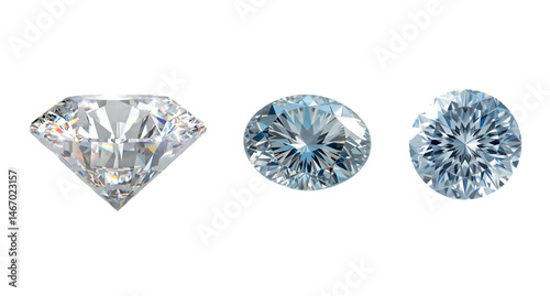 Vector Illustration of Three Different Diamond Cuts, Set of Sparkling Gemstones Collection, 