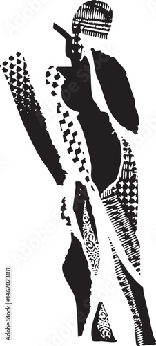 A silhouetted figure plays a musical instrument creating a dynamic composition.