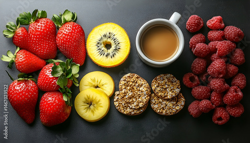 Flatlay of Fresh Berries Strawberries Kiwi Coffee and Grain Snacks
