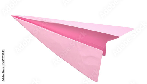 A sharply folded pastel pink paper airplane with crisp edges floating in midair symboliz 