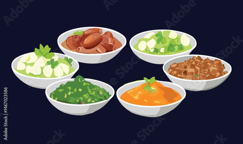 Bowls of Stew and Chops of Spinach and Rice and Chickpeas - Vector Illustration