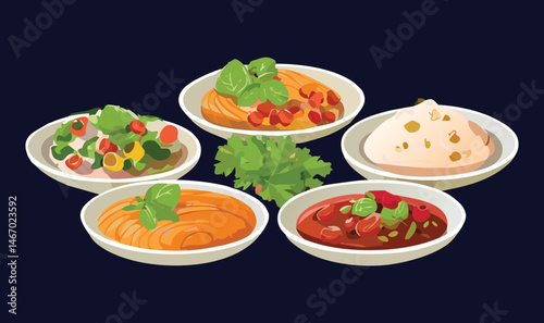 Plates with Hummus and Salad and Flatbread and Herbs - Vector Illustration