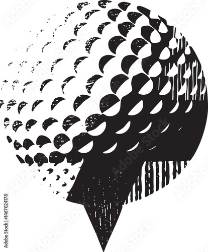 A striking black and white depicts a swirling abstract resembling a pinecone.