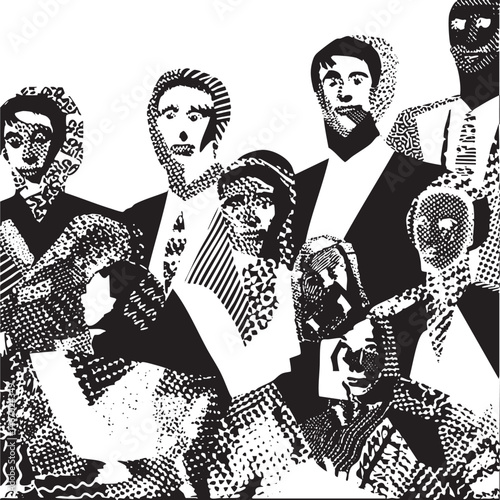 A group of people stand in a  depicted with black and white dots.