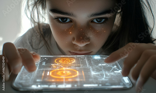 Focused Girl Using Futuristic Tablet with Orange Interface