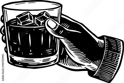 hand and glass filled with whiskey and ice cubes, indicating a moment of relaxation or celebration sketch linocut vector