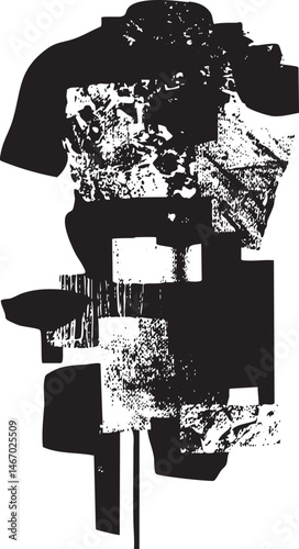 A fragmented monochrome silhouette of a person stands against a stark white background.