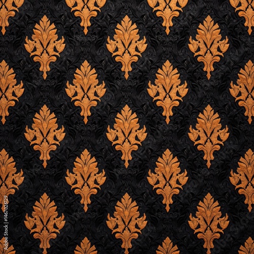 Ornate golden leaf patterns are repeated across an elaborately textured dark background, creating a luxurious and vintage damask style design element.