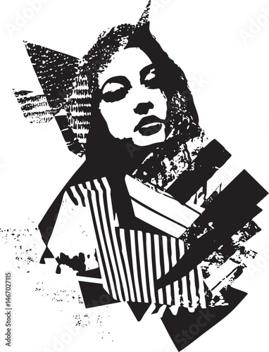 A woman’s face is fragmented and layered with geometric shapes in a stark black and white portrait.
