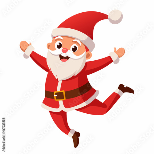Santa Claus energetically leaping forward in his traditional attire 