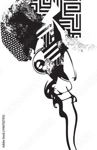 A stylized black and white depicts a woman with elaborate hair surrounded by abstract geometric .