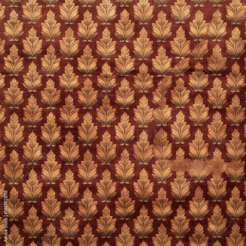 An intricately patterned fabric in rich maroon and gold featu stylized leaf motifs repeated across the surface creating a luxurious and textured appearance.