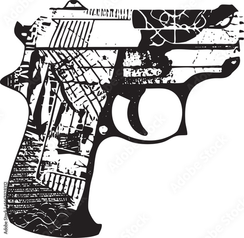 A black and white silhouette of a handgun rests on a smooth reflective surface.