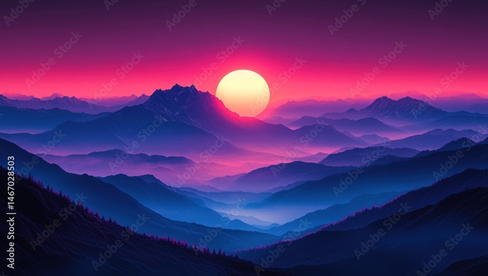 Fototapeta premium Majestic mountain range at sunset, vibrant colors. Misty valleys, peaks, and ridges