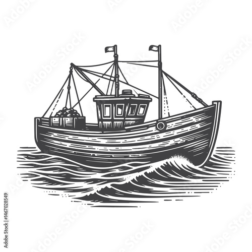 Vintage Hand-Drawn Wooden Fishing Boat Illustration – Coastal Scene Engraved Style Vector for T-Shirts, Posters, Stickers, and Nautical Themes Apparel