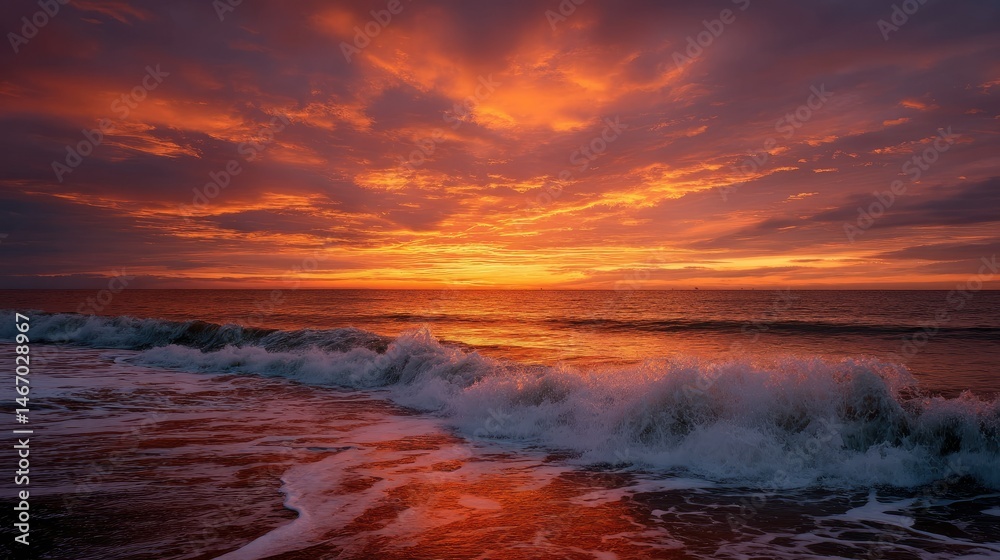 Fototapeta premium A vibrant sunset over the ocean, with the sea turning a warm orange color and the sky ablaze with golden and red hues