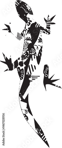 A stylized lizard leaps across a patterned background.