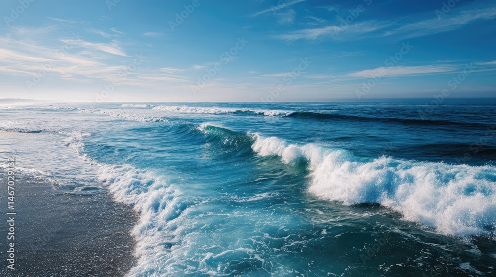 A vibrant view of the ocean horizon with rolling waves meeting the distant sky, creating a dynamic and calming scene A vibrant view of the ocean horizon with rolling waves meeting the distant sky, creating a dynamic and calming scene