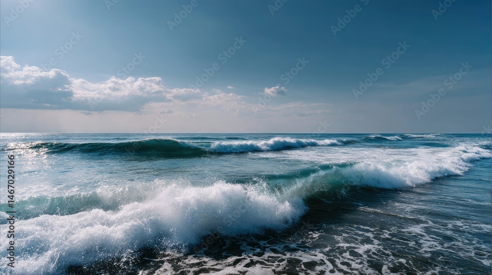 A vibrant view of the ocean horizon with rolling waves meeting the distant sky, creating a dynamic and calming scene A vibrant view of the ocean horizon with rolling waves meeting the distant sky, creating a dynamic and calming scene