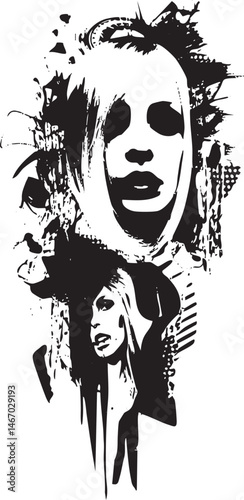 Two figures with intense expressions emerge from a textured abstract background.